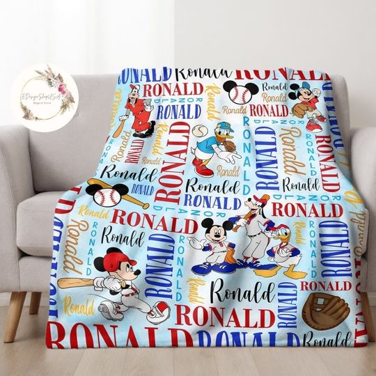 Personalized Watercolor Mickey and Friends Baseball Disney Blanket, WDW Disneyland Baseball Game Birthday Boy, Mickey Donald Goofy Sport