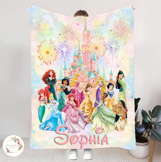 Personalized Watercolor Disney Princess Blanket, Custom Name Baby Girl Blanket, Disney Princess Birthday Girl Gift, WDW Disneyland Princess