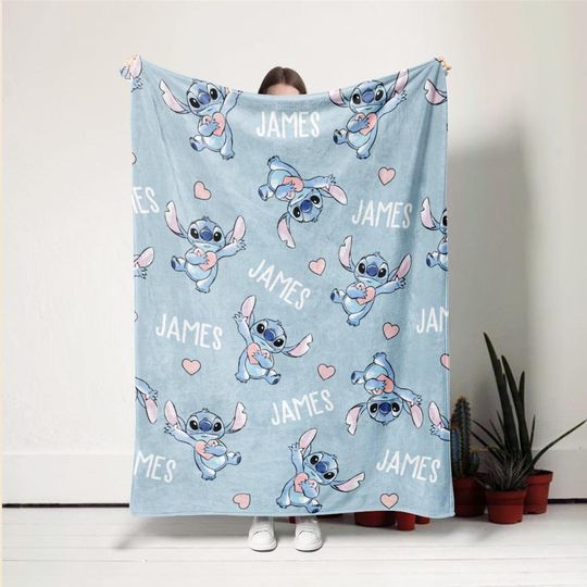 Personalized Watercolor Stitch Blanket, Kid Name Blanket, Cartoon Movie Blanket, Birthday Gift for Her/Him, Kids Adults Blanket Minky Blankt
