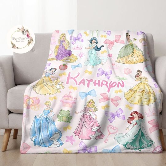 Personalized Watercolor Coquette Bows Disney Princess Blanket, WDW Disneyland Baby Girl Trip Blanket, Disney Princess Birthday Girl Blanket