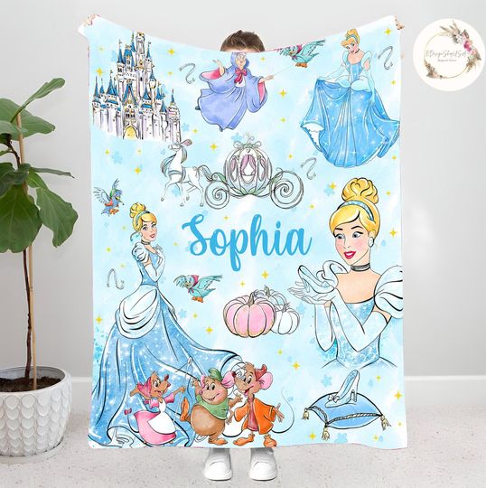 Personalized Disney Princess Cinde Blanket, Custom Name Baby Girl Blanket, Watercolor Disney Princess Blanket, Birthday Girl Gift