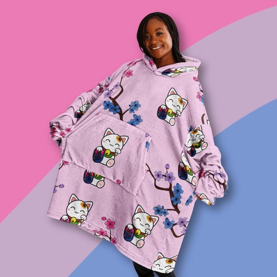 Lucky Cat Bisexual Blanket Hoodie For Adult and Kids | New year Gift | Christmas Gift | Birthday Gift