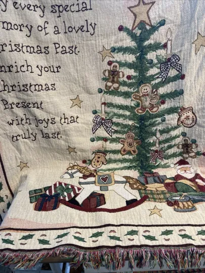 Vtg Christmas Throw Blanket 48x60 Woven Tapestry Holiday Tree Presents Santa