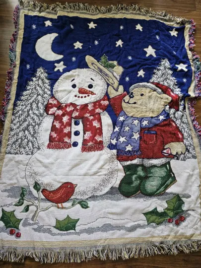 Christmas Bear And Snowman Tapestry Blanket Throw 56x46" Winter Cottage Core