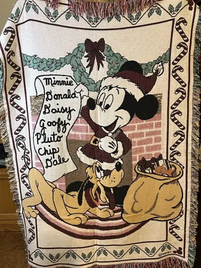 Disney Mickey Mouse Pluto Xmas Santa Woven Throw Blanket Tapestry RARE 46x69”