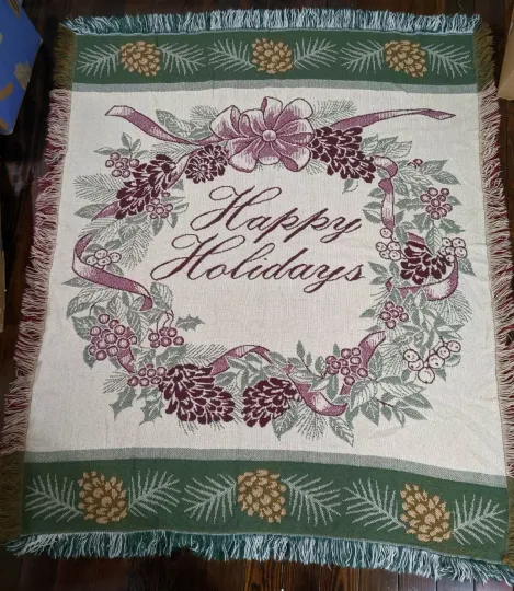 Vintage Christmas Throw Blanket "Happy Holidays" Tapestry Woven 56"x48” Wreath