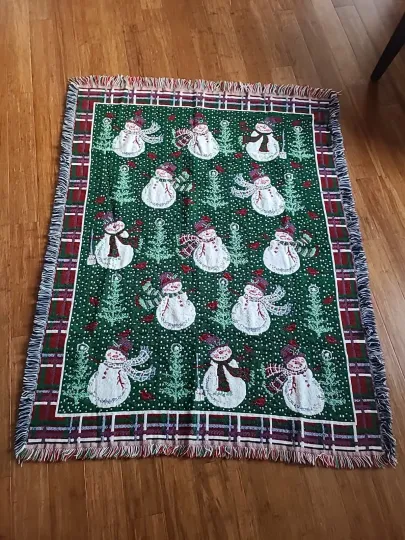 Vintage HMK Lic Woven Merry Christmas Snowman Tapestry Blanket
