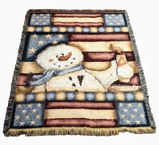 Snowman Woven Tapestry Throw Blanket Fringe 50”x 62” Flag Patriotic Americana