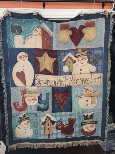 Winter Woven Tapestry Throw Blanket Snowmen Melt Memories Last Wall Hanging EUC