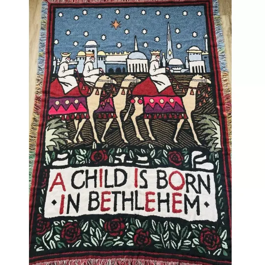Woven Tapestry Throw Blanket Christmas Wise Men Child Born Bethlehem Reversible