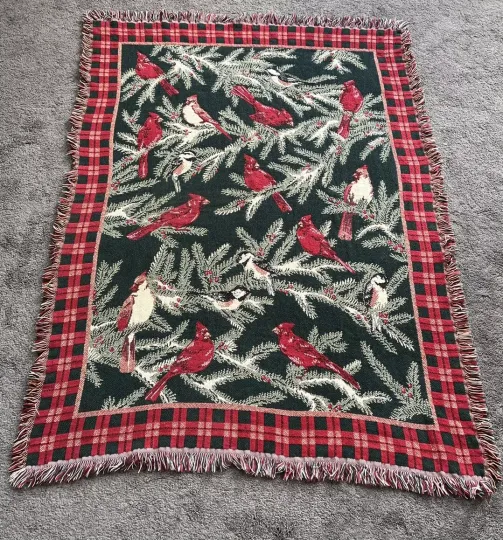 Vintage L.L. Bean Woven Tapestry Blanket 58x46 Red Green  Cardinal Birds Plaid