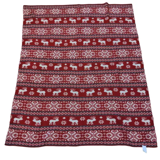 Winter Tapestry Woven Throw Blanket Moose Snowflake Red White Blue 62" x 56"