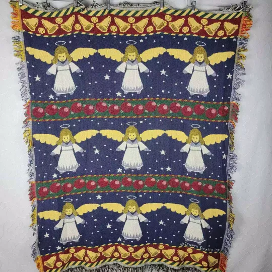 Vintage Crown Crafts Christmas Angel Woven Throw 62 x 50 Fringe Afghan Cotton