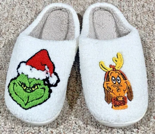 Christmas Slippers, funny character Slippers, Merry Grin Embroidered Slippers