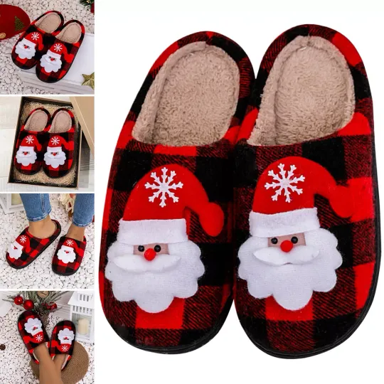C# Christmas Fluffy Fur Slippers Soft Santa Claus Furry Slippers Household Suppl