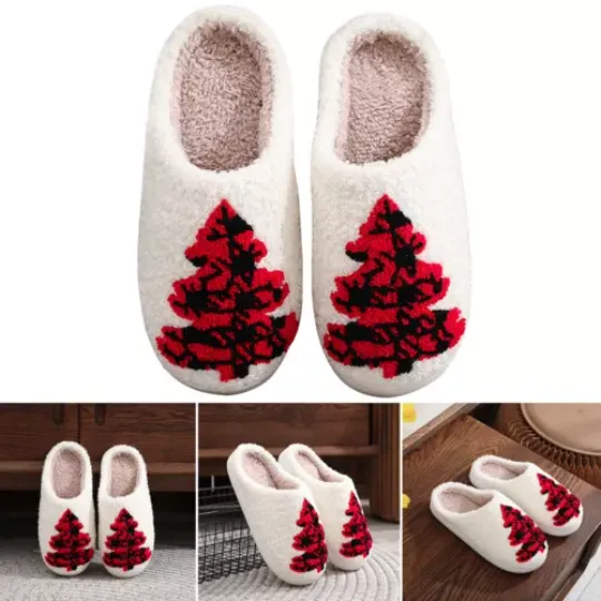 Women Men House Flat Floor Soft Slides Non-Slip Christmas Tree Cotton Slippers