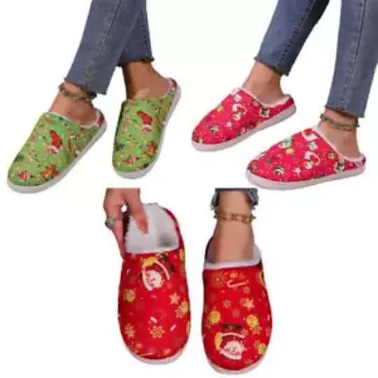 C# Christmas Fleece Lining Shoes Fuzzy Printed Slippers Non-Slip Gift for Men Wo