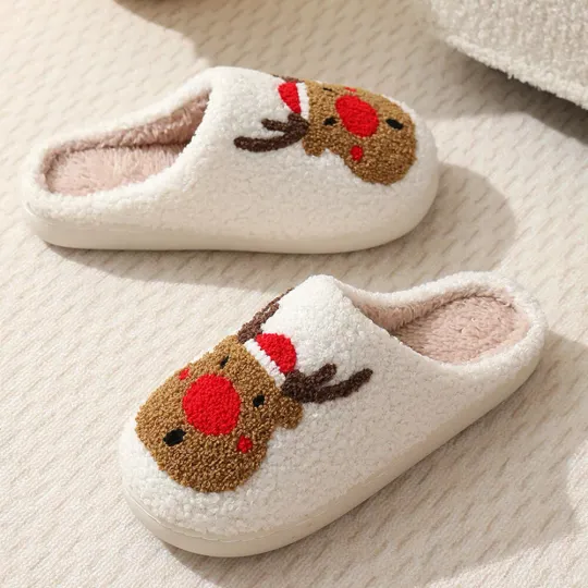 Christmas Deer Slippers Plush Warm Slipper Women Men Women Fuzzy Fluffy Slippers