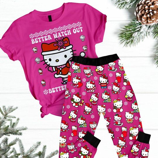 Hello Kitty Christmas Pajamas Set, Cute Kawaii Cat Shirt, Anime Women Pajamas, Xmas Sleepwear, Holiday Gift, Hello Kitty Fan Gift
