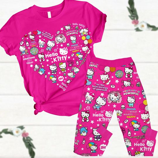 Halloween Hello Kitty Pajamas Set, Kitty Girl Tshirt, Cute Kawaii Kitties Womens Pajamas, Y2K Inspired Matching Outfit, Gift For Her