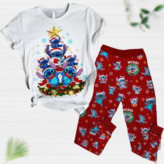 Stitch Christmas Tree Shirt, Disney Stitch Xmas Pajamas, Cute Cartoon Movie Christmas Pjs, Disneyland Vacation, Pajamas For Party