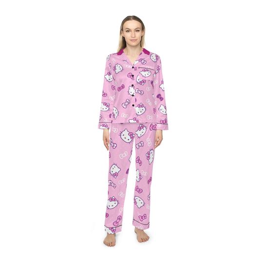 Sanrio Hello Kitty Women's Satin Silky PJ Pajama Set Shirt Pants Loungewear Birthday Christmas Mother's Grandparents Day Gift Dark Pink