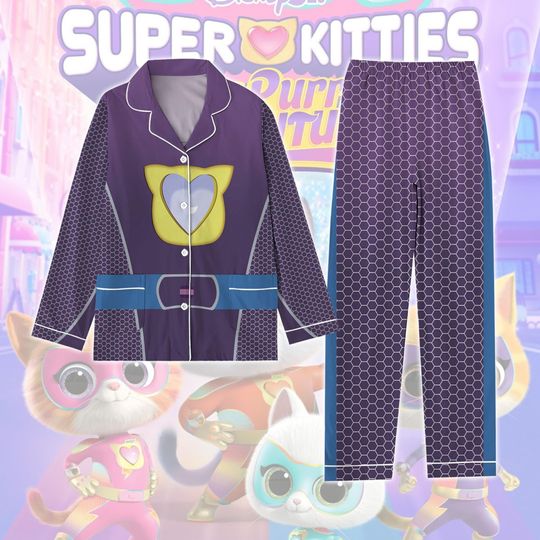 Superkitties Sparks Pajamas Set, Superkitties Cartoon Xmas Pajamas, SuperKitties Sparks Pjs Christmas, Sparks Blue Cat Set Of Pajamas