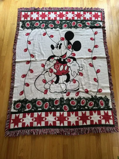 Mickey Christmas Lights Woven Jacquard Blanket Throw 100% Cotton 47" x 68"