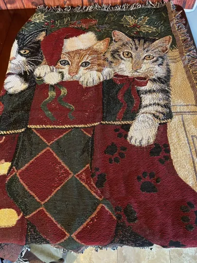 New Christmas Kittens Woven Afghan Tapestry Throw Gift Blanket NIP Holiday Cat