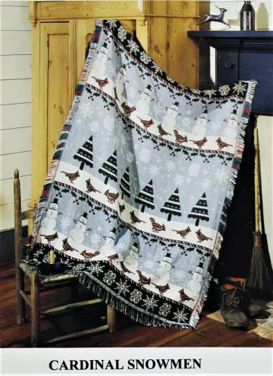 Jacquard Woven Throw Blanket 100% Acrylic 46 x 57 Cardinal Snowmen NEW