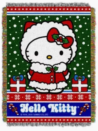Northwest Company Hello Kitty Christmas Snowy Kitty Woven Tapestry Blanket
