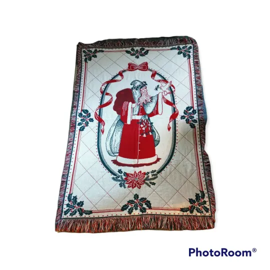 Saint Nicholas Santa Claus Christmas Woven Throw Blanket good condition