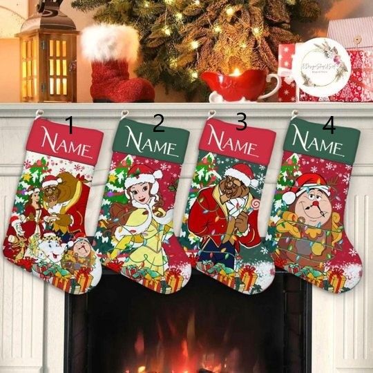 Personalized Disney Beauty and the Beast Christmas Stockings, Disney Princess Belle Birthday Girl Christmas Stockings With Name, Family Xmas