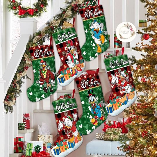 Personalized Buffalo Plaid DuckTales Disney Christmas Stockings With Name, Daisy Donald Scrooge McDuck Dewey, Disney Family Christmas Gifts