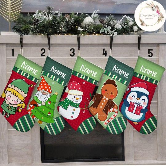 Personalized Gingerbread Santa Snowman Elf Christmas Stockings With Name, Holiday Family Christmas Gifts, Penguin Dog Merry Christmas Decor