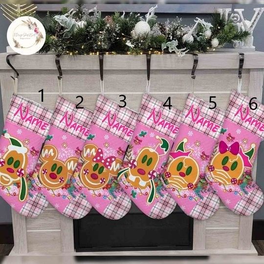 Personalized Plaid Disney Christmas Stockings, Pink Mickey & Friends Christmas Stockings With Name, Disney Gingerbread Stockings, Xmas Gifts