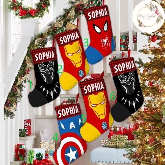 Personalized Superhero Characters Disney Christmas Stocking, Marvel Christmas Spiderman Stockings With Name, Birthday Family Christmas Gift