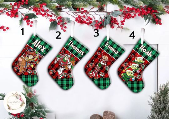 Personalized Toy Story Christmas Buffalo Plaid Stockings, Disney Christmas Group Stockings With Name, Xmas Family Christmas Stocking Gifts