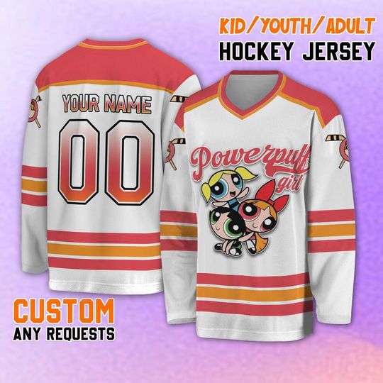 Personalized Powerpuff Girls Ice Hockey Jersey, Custom Bubble Youth Kid Jersey, Retro Power Puff Girls Family Jersey, Birthday Gift For Fans