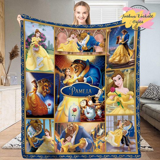 Personalized Beauty And The Beast Throw Blanket, Custom name Belle Princess Quilt Blanket, Beauty And The Beast Blanket Birthday Gift