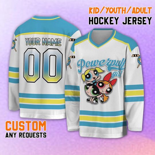 Personalized Powerpuff Girls Ice Hockey Jersey, Custom Bubble Youth Kid Jersey, Retro Power Puff Girls Family Jersey, Birthday Gift For Fans