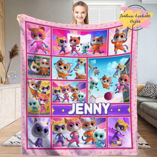 Personalized Super Kitties Throw Blanket, Custom name Super Kitties Quilt Blanket, Super Cat Blanket, SuperKitties Birthday Girls Gift