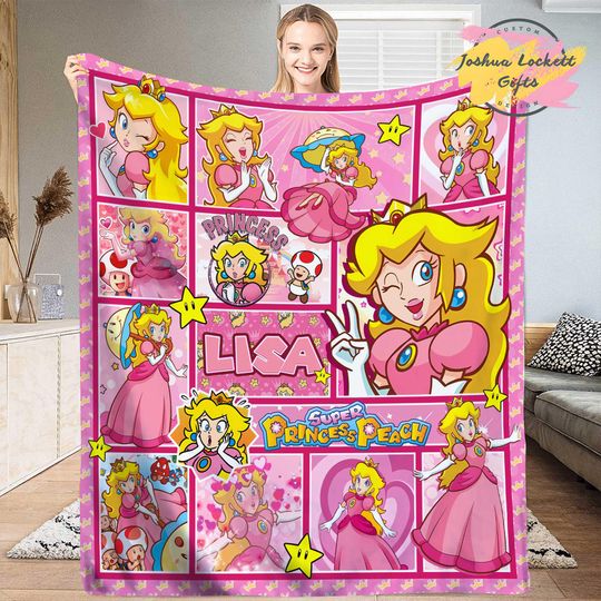 Custom name Princess Peach Quilt Blanket, Personalized Princess Peach Super Mario Throw Blanket, Super Mario Blanket, Princess Birthday Girl