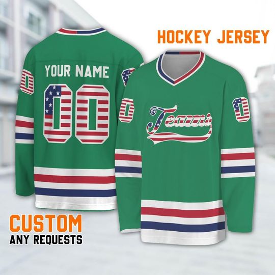 Customized vintage green USA flag hockey jersey,Custom Name Jersey long Slevees, Uniform Sports Game Day shirt, Name Hockey Ice Team