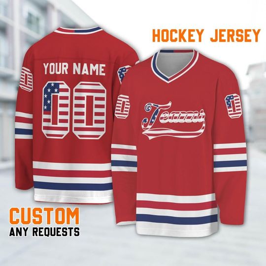 Customized vintage red USA flag hockey jersey,Custom Name Jersey long Slevees, Uniform Sports Game Day shirt, Name Hockey Ice Team