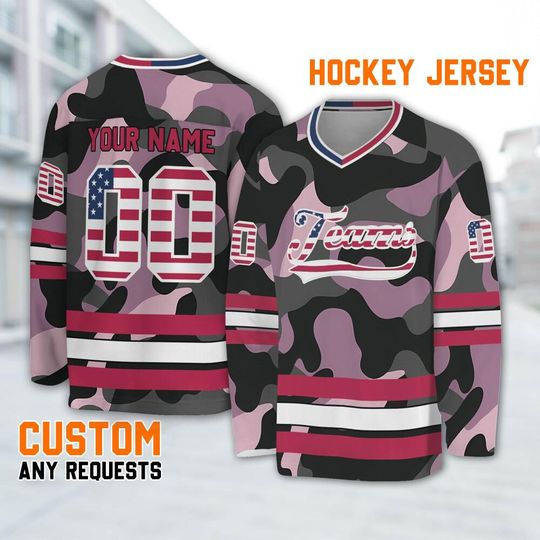 Customized vintage pink black camo hockey jersey,Custom Name Jersey long Slevees, Uniform Sports Game Day shirt, Name Hockey Ice Team