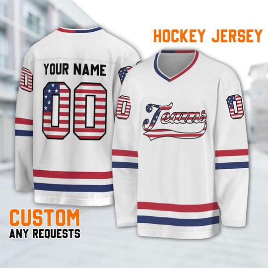 Customized vintage white USA flag hockey jersey,Custom Name Jersey long Slevees, Uniform Sports Game Day shirt, Name Hockey Ice Team