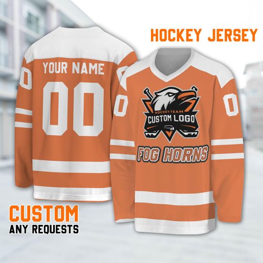 Customized name and logo vintage fog horns orange basic hockey jersey, fog horns hockey custom name Logo, Cartoon jersey gift