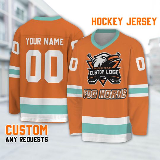 Customized name and logo vintage fog horns orange and blue hockey jersey, fog horns hockey custom name Logo, Cartoon jersey gift