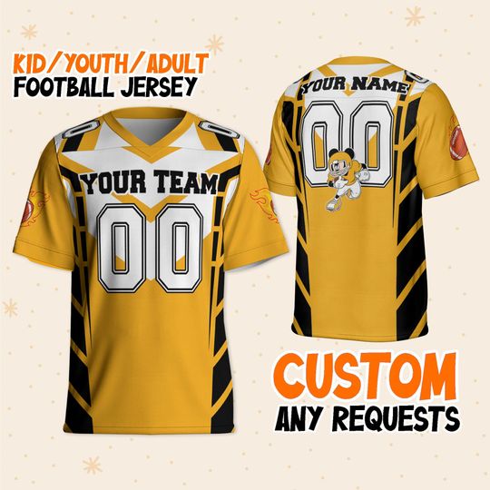 Personalize Mickey Football Jersey Yellow Black, Disney Fan Football Jersey, Disneyland & Disney World Trip Family Gift